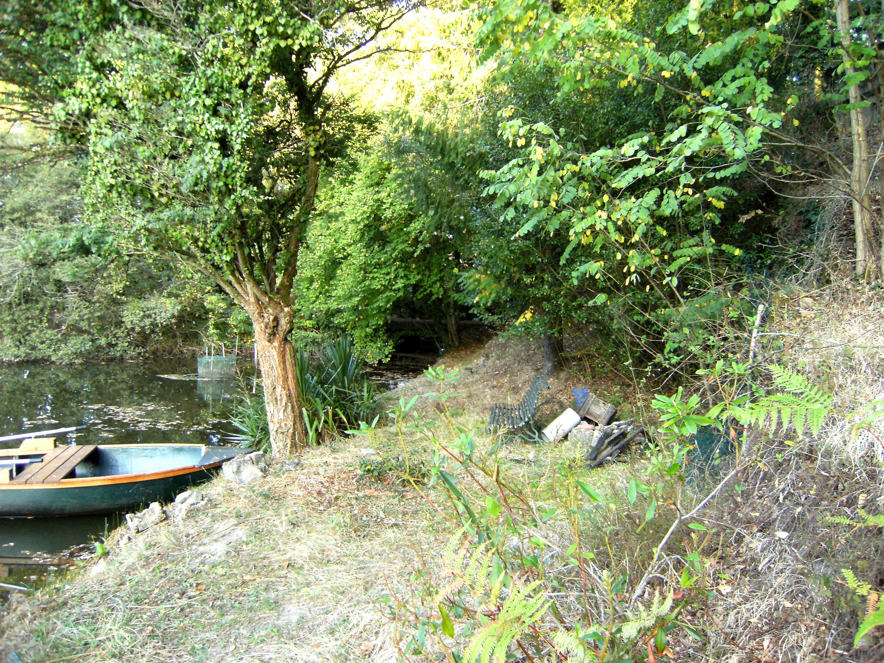Barque amarrée sous les feuillages verts du printemps — propriété avec étang et forêt à vendre en Charente
